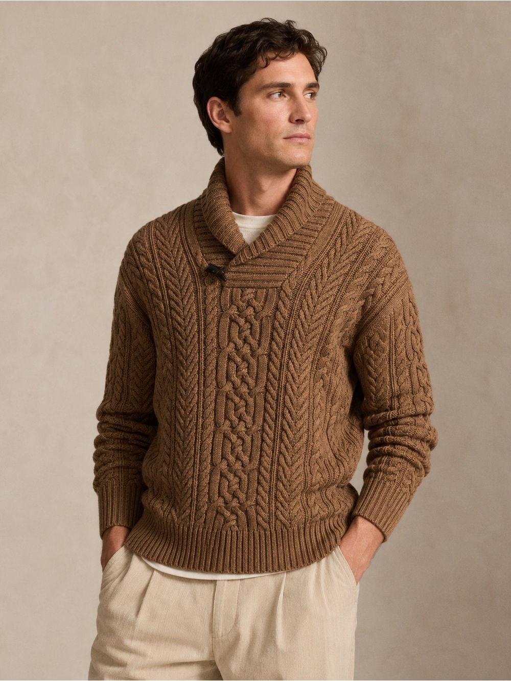POLO Ralph Lauren Cable-Knit Shawl-Collar Sweater Chestnut Brown Men XL